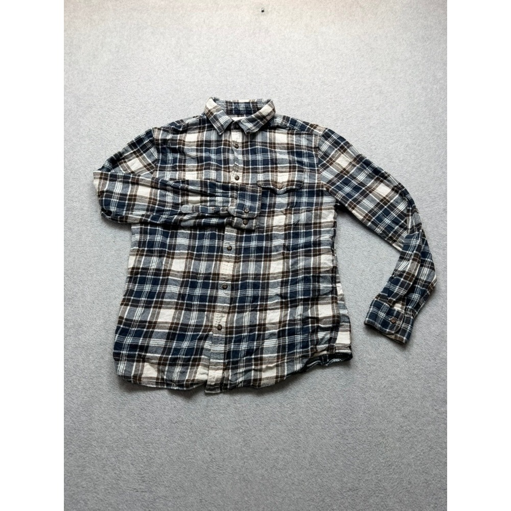 Sonoma Mens Flannel Shirt Large Classic Fit Navy Blue Brown Plaid Cotton